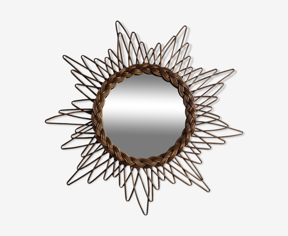 Miroir soleil en rotin vintage, années 60 - 50cm
