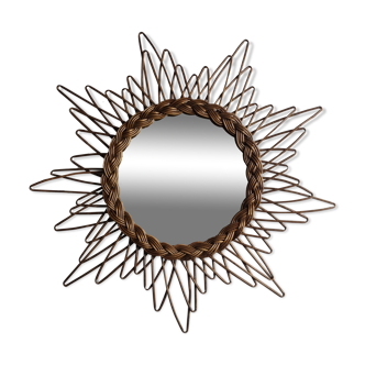 Miroir soleil en rotin vintage, années 60 - 50cm