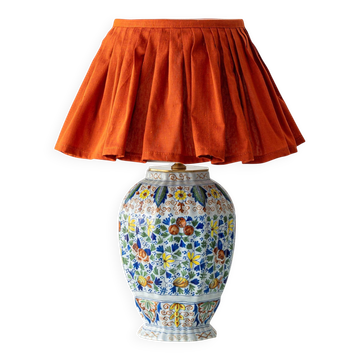 Polychrome Dutch Delft Table Lamp, Tichelaar Makkum, with New Loose Pleat Silk Shade