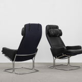 Fauteuil scandinave en cuir noir rare du milieu du siècle par Ire Möbel, années 1970, lot de 2