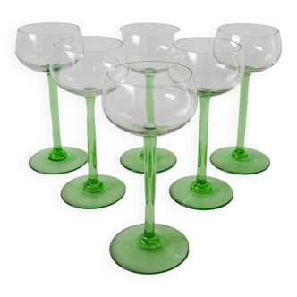Set of 6 white wine glasses with light green stems 1970