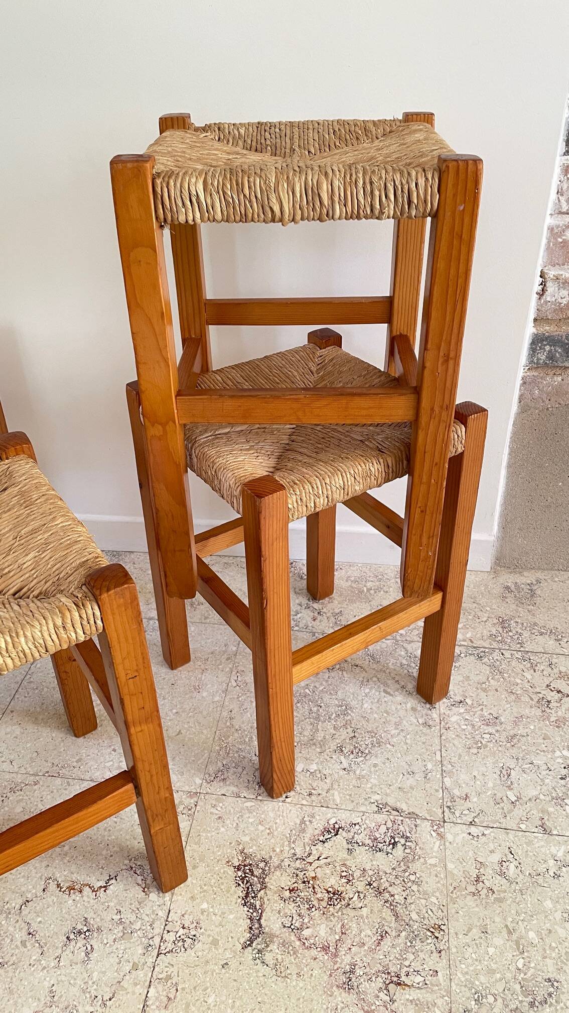 Pair of vintage wooden and straw stools