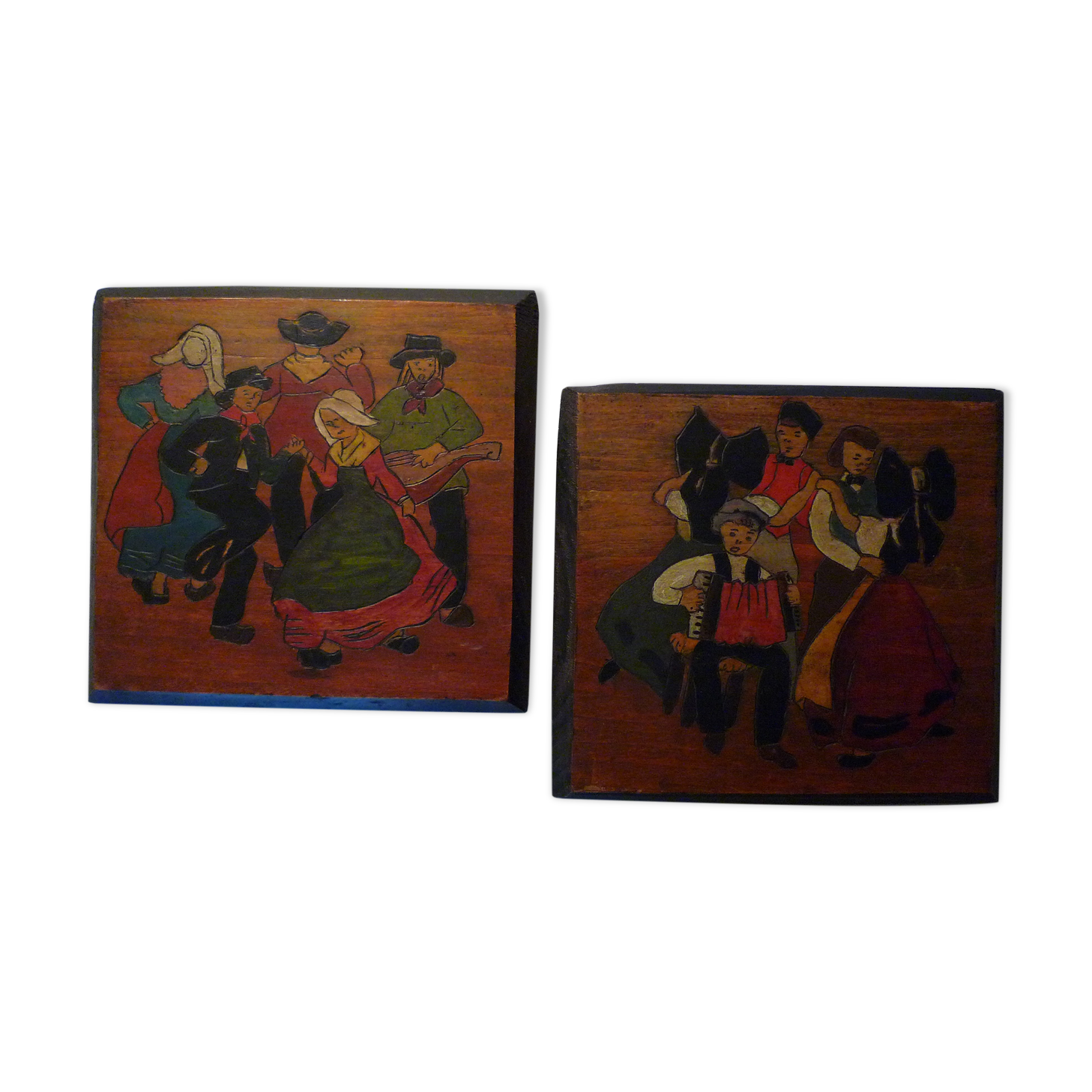 Two wooden paintings carved and painted, Breton naïve art 1950s