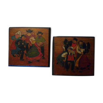 Two wooden paintings carved and painted, Breton naïve art 1950s