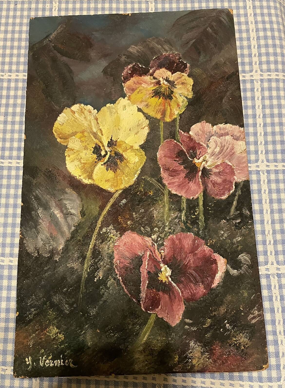 Oil on wood wild pansies 29x17