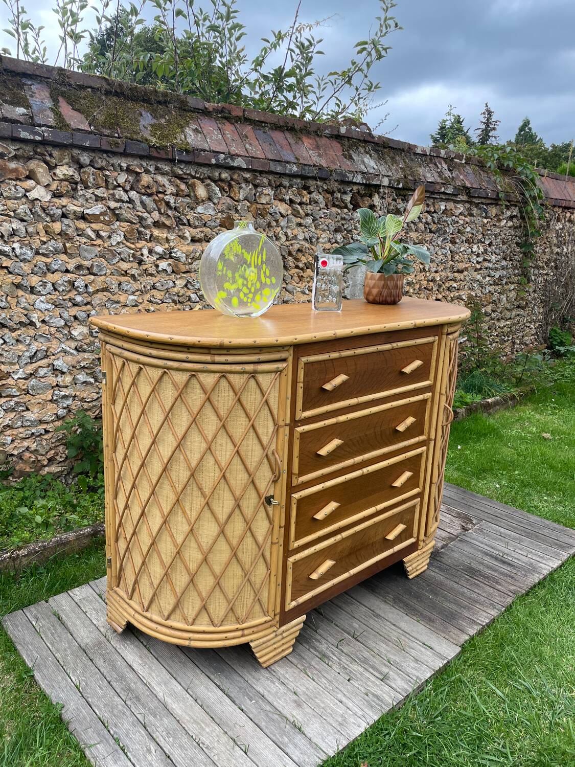 Vintage rattan and oak sideboard 1960-70