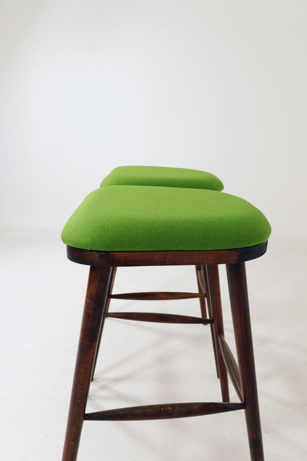 A pair of wood bar stools- Green premium wool - Rustic style/MCM