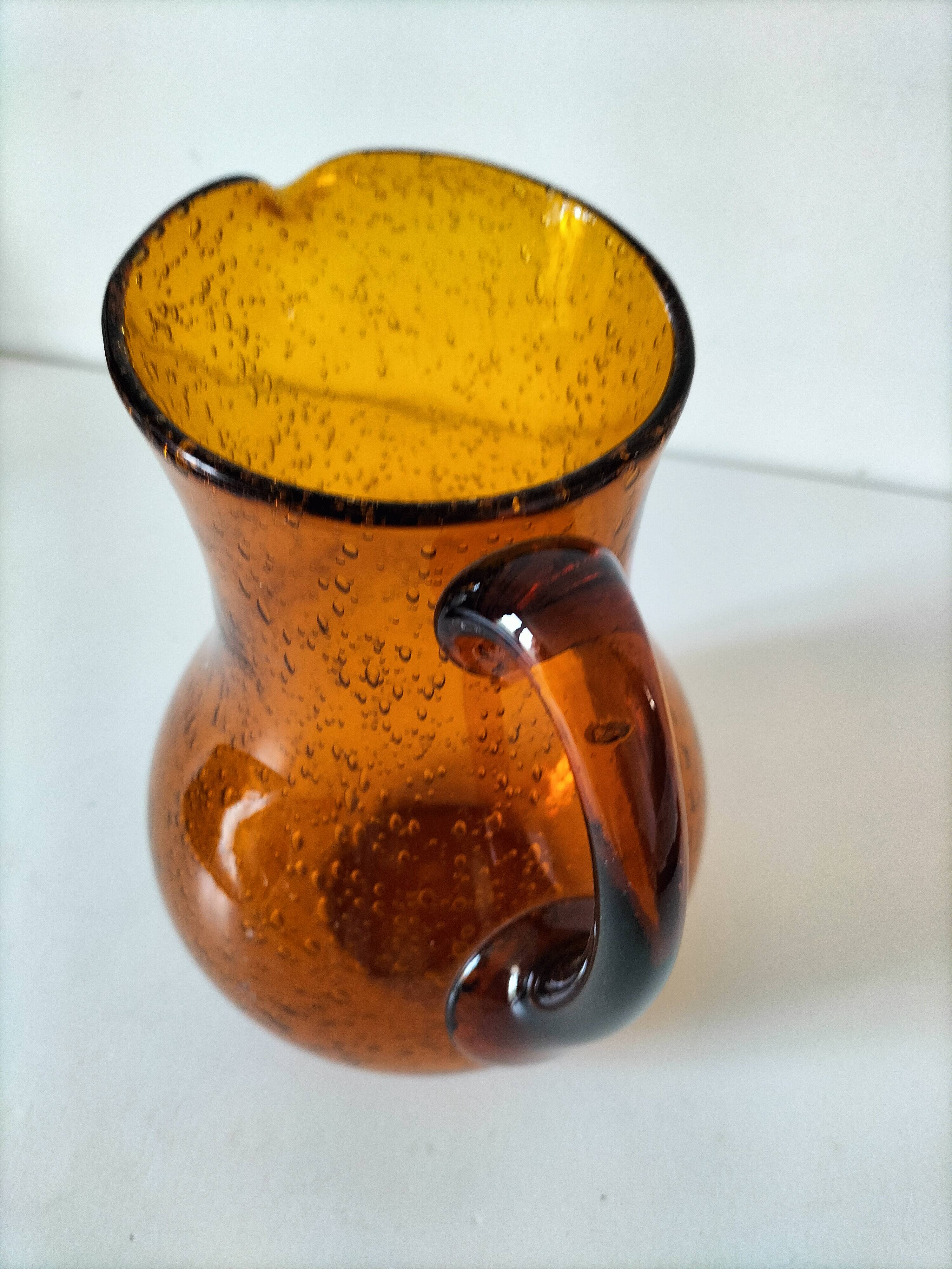 Blown glass pitcher with bubbles from Biot – amber colour