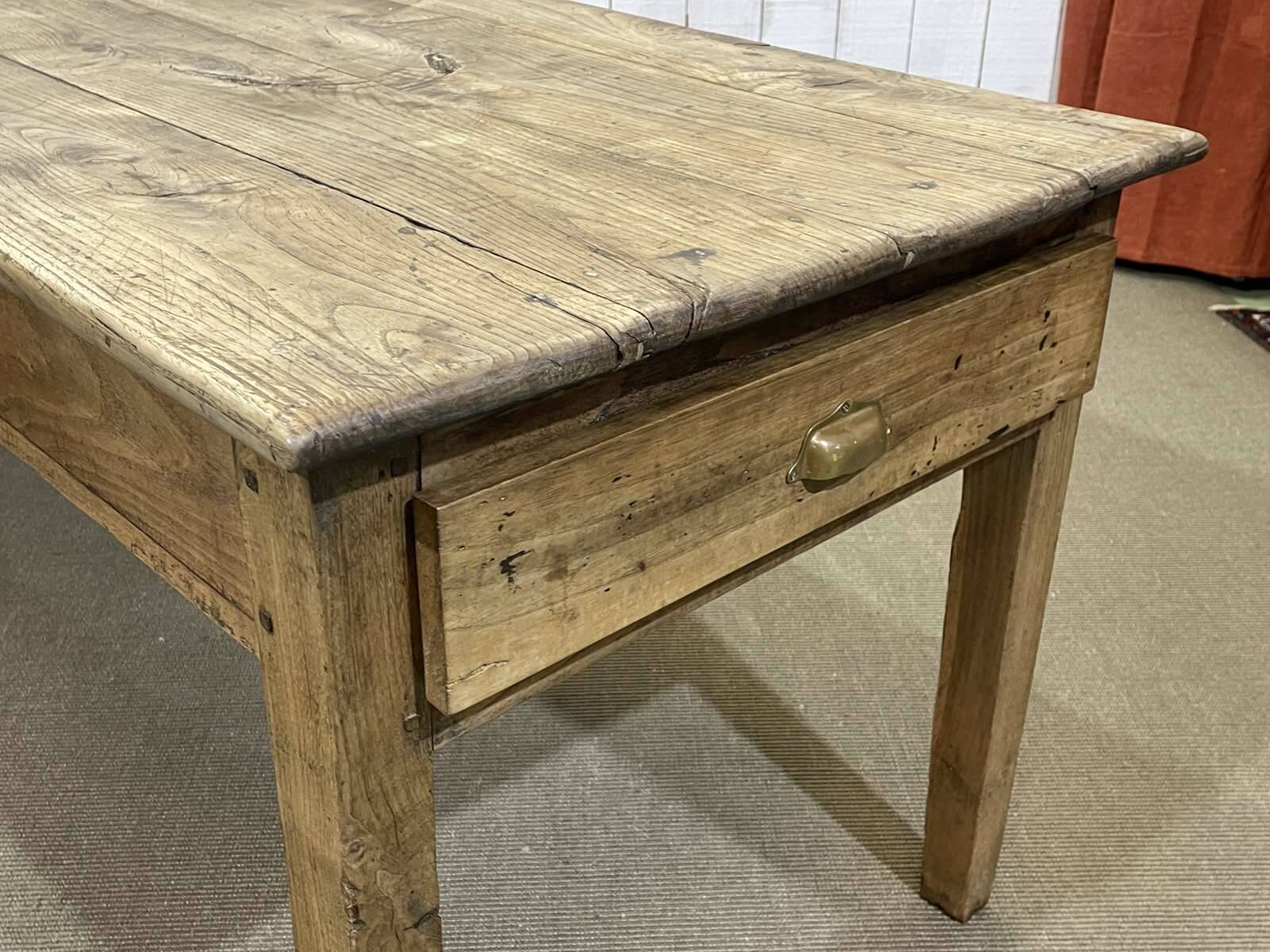 19th century farmhouse table in raw chestnut with original drawer and shelf