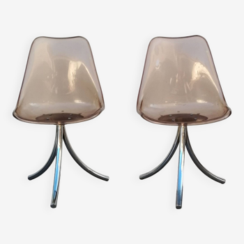 Pair of designer altuglas chairs, chrome base, vintage 1970