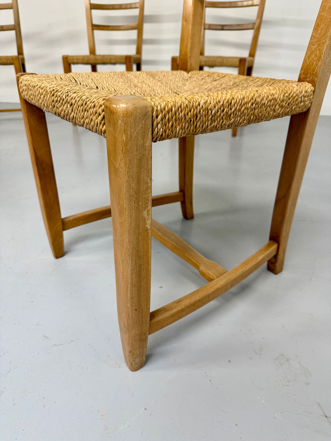 Set of 5 wooden chairs with rope seats, Scandinavian design, 1970s