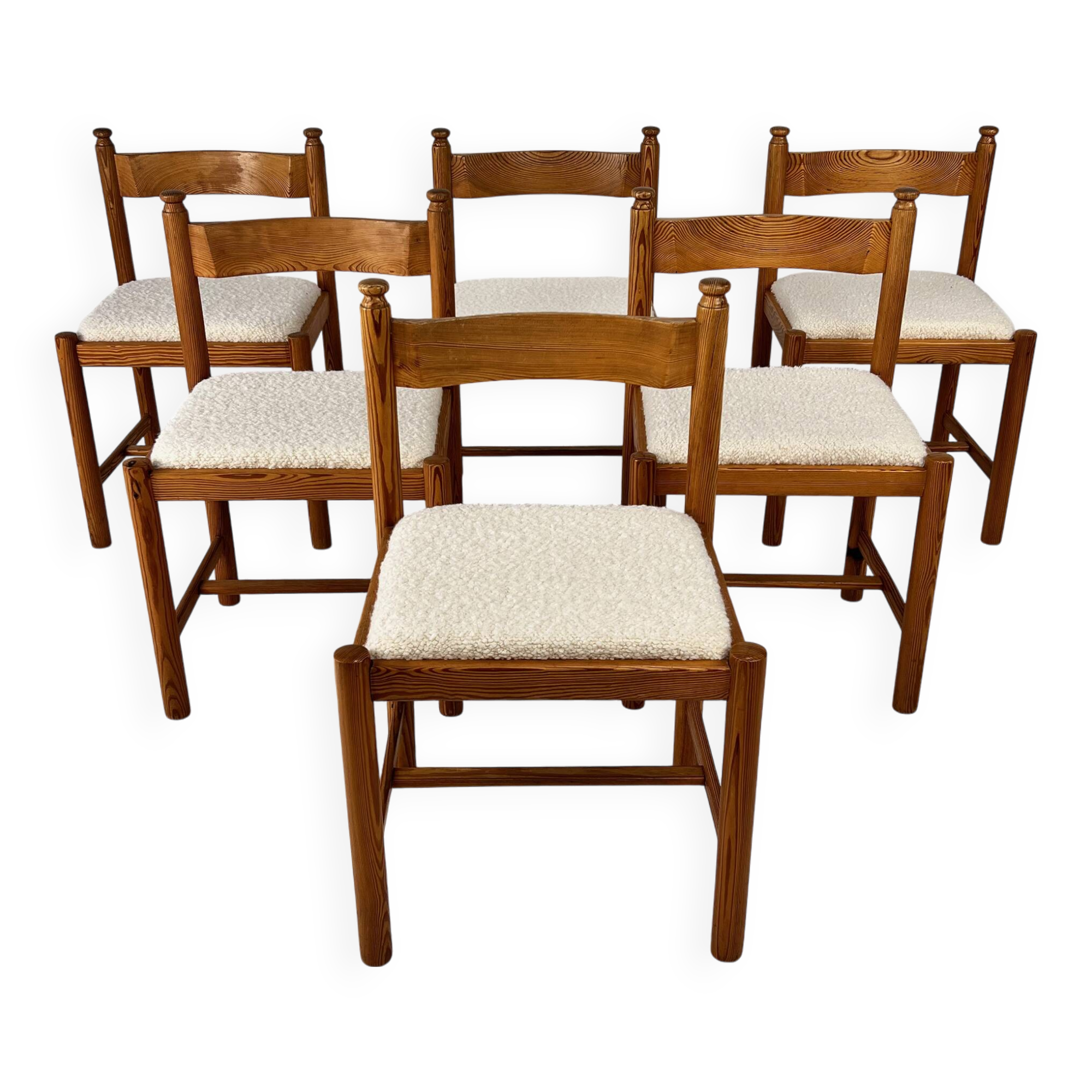 Set of 6 Pine and Boucle Rustic Dining Chairs, 1960s