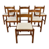 Set of 6 Pine and Boucle Rustic Dining Chairs, 1960s