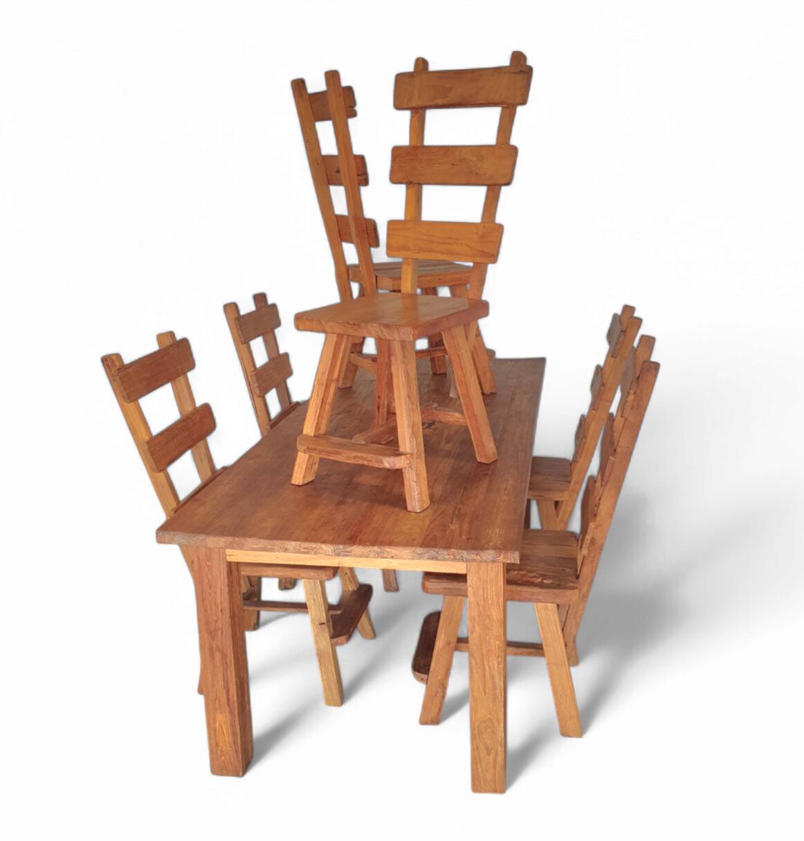 Elm wood brutalist wabi sabi dining set with 6 chairs & Table, 1960s