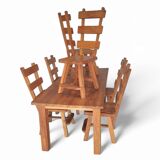Elm wood brutalist wabi sabi dining set with 6 chairs & Table, 1960s