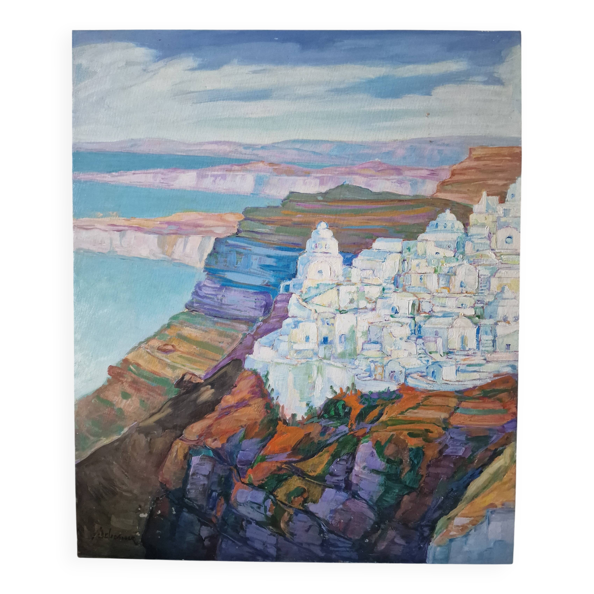 Vintage landscape painting of Greece Santorini island