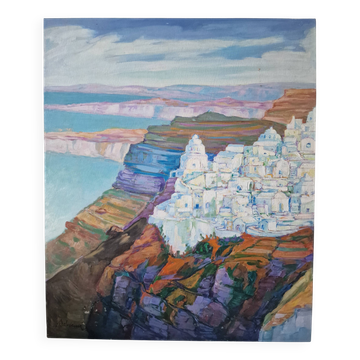 Vintage landscape painting of Greece Santorini island