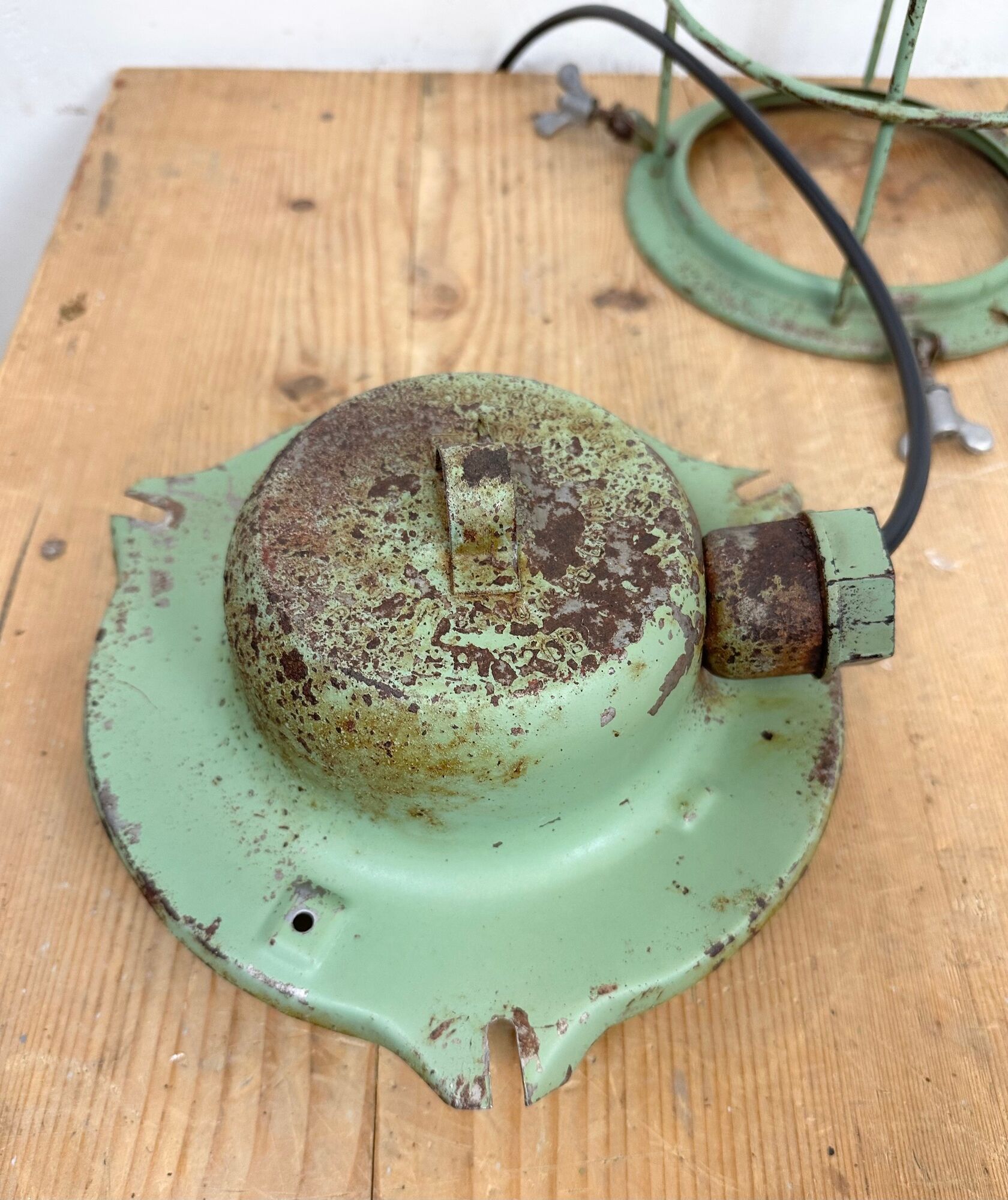 Green Industrial Soviet Bunker Pendant Light with Iron Grid, 1960s