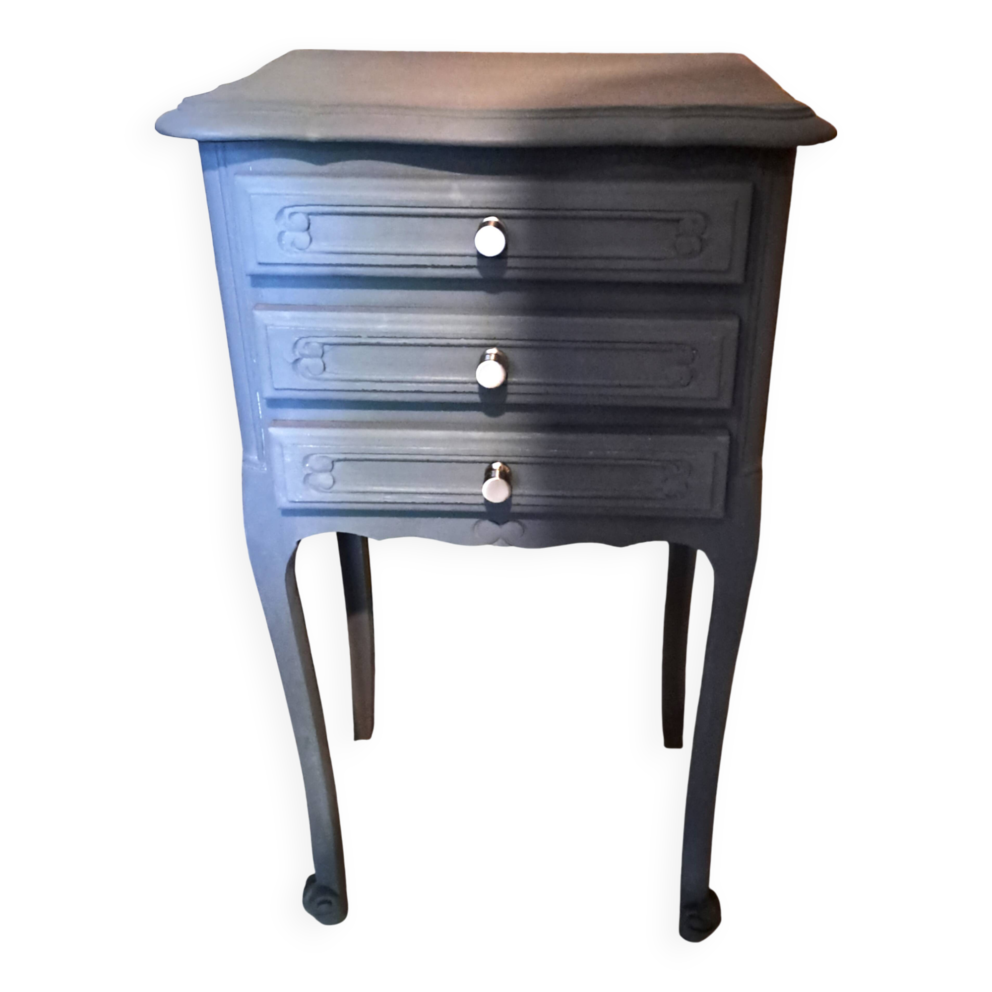 1950 bedside table in painted wood, trench grey color, renovated, 3 drawers