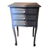 1950 bedside table in painted wood, trench grey color, renovated, 3 drawers