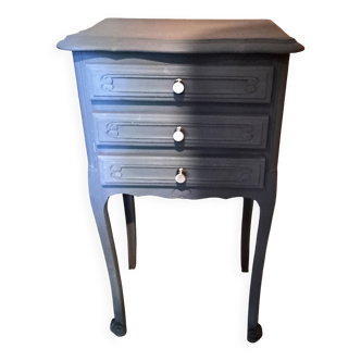 1950 bedside table in painted wood, trench grey color, renovated, 3 drawers