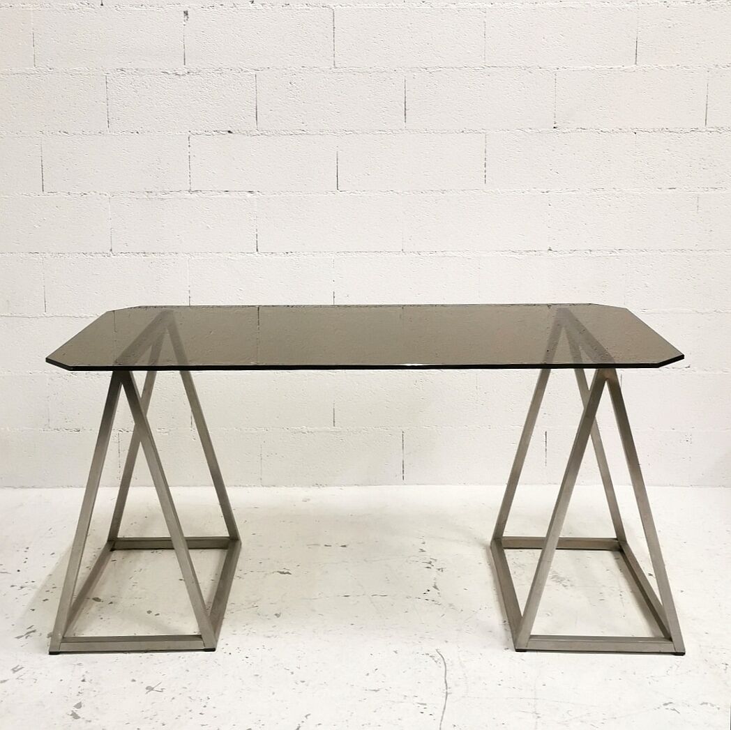 Bureau à tréteaux inox et verre, 1970