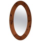 Large oval wall mirror in solid pine by Glasmäster Markaryd, Sweden, 1960s.