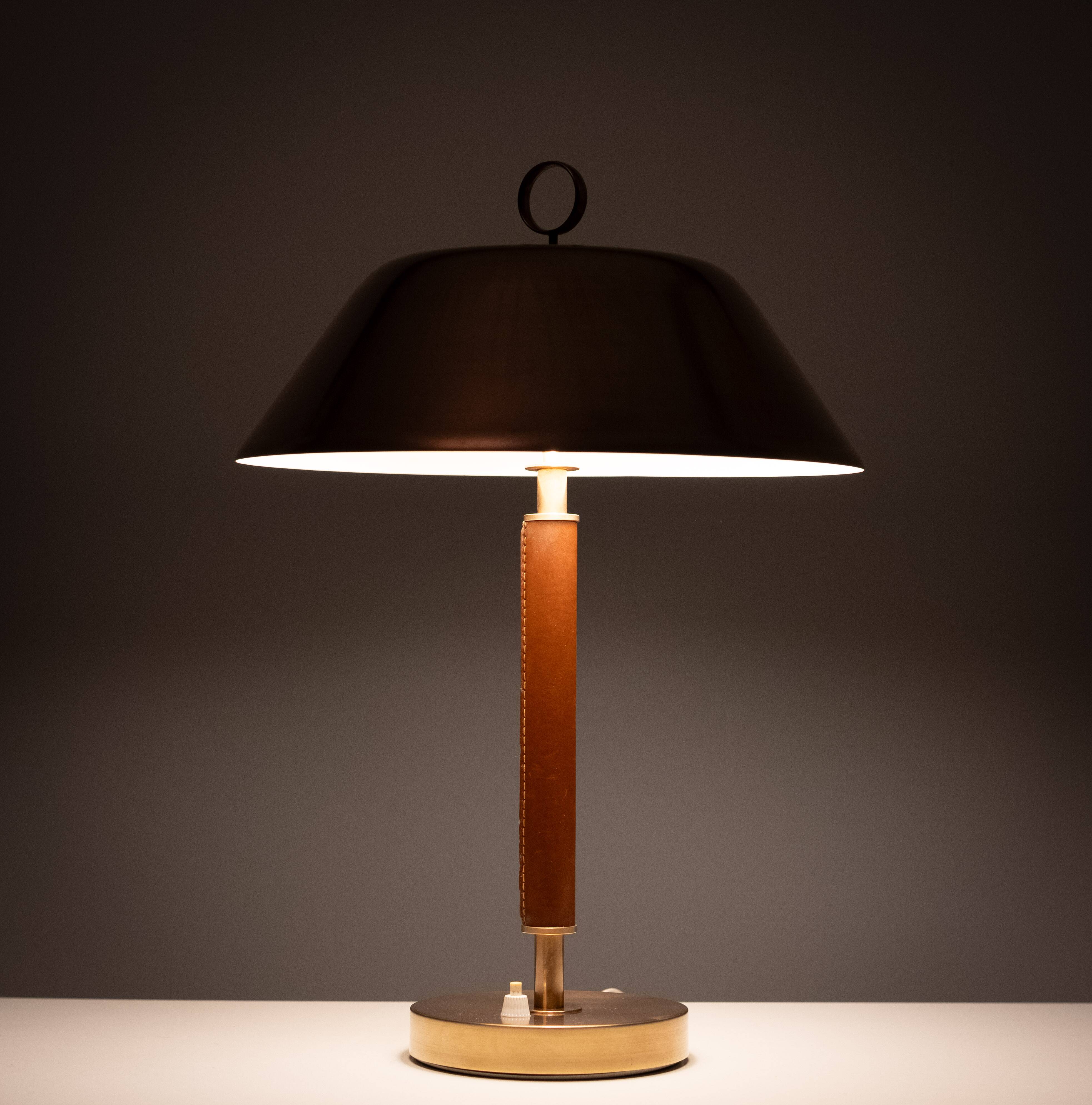 Falkenbergs Belysning Brass and Leather table lamp Sweden 1960s