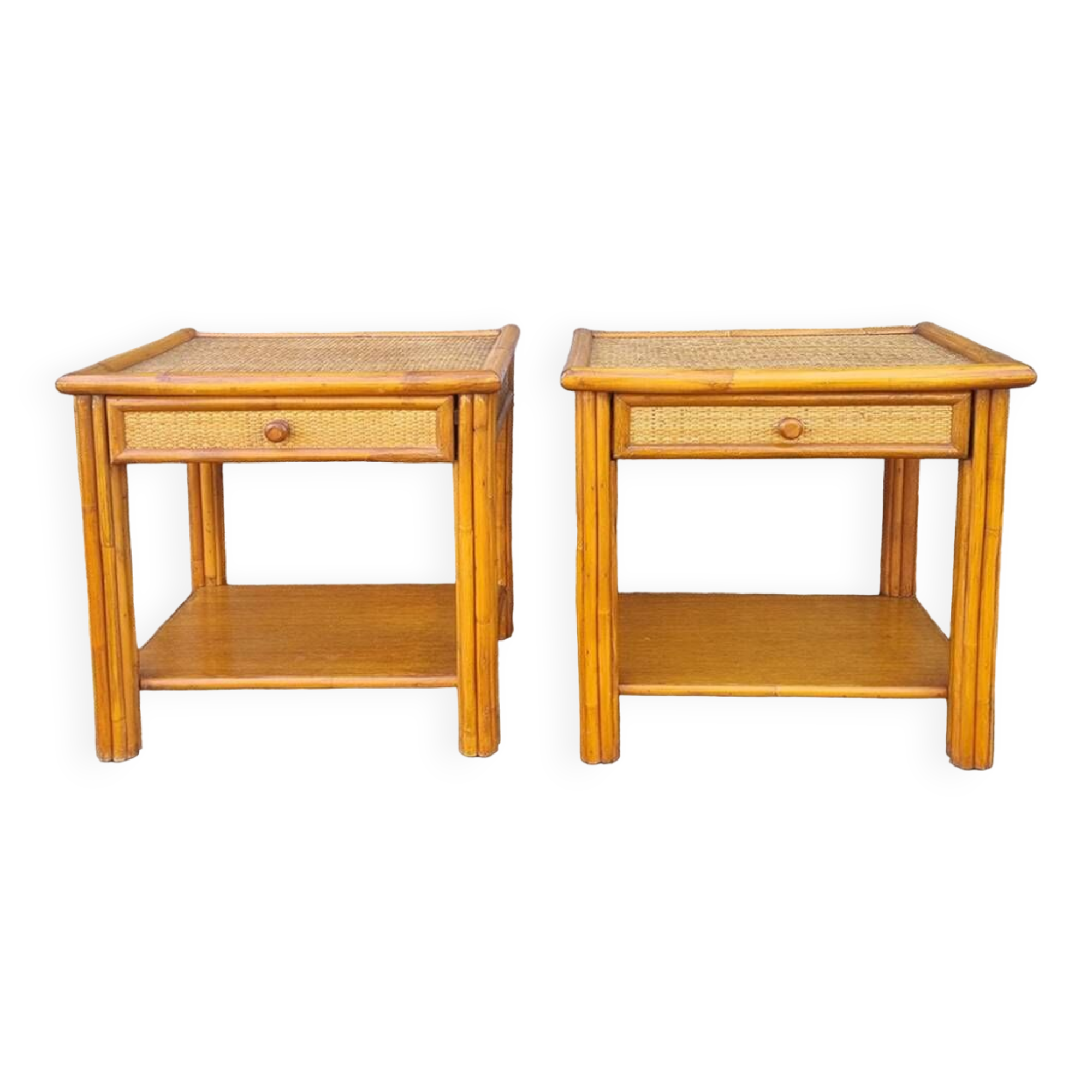 Pair of Maugrion bedside tables for Roche Bobois, bamboo, rattan 70s