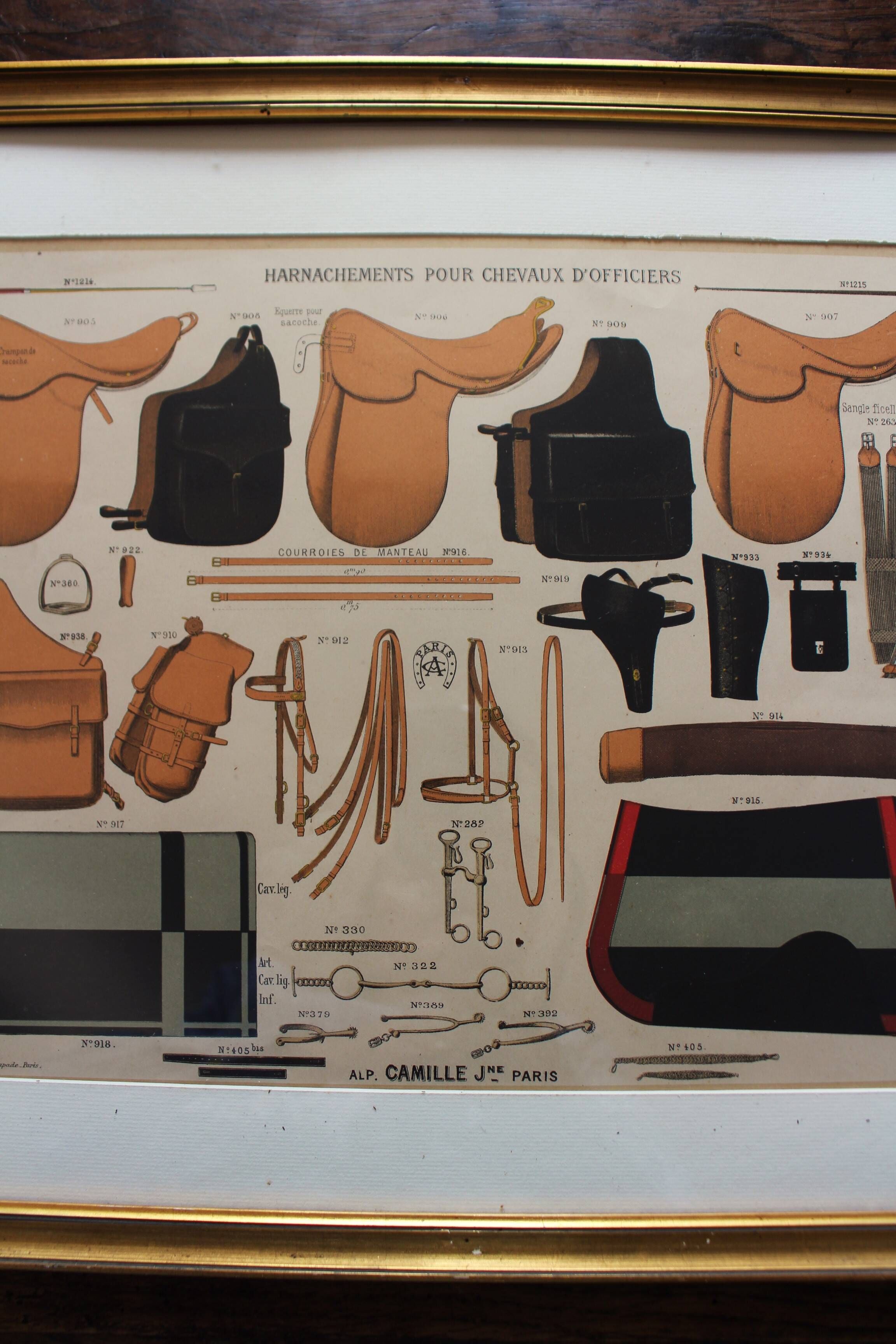 Framed lithograph "horse riding saddlery Alp Camille", late 20th century