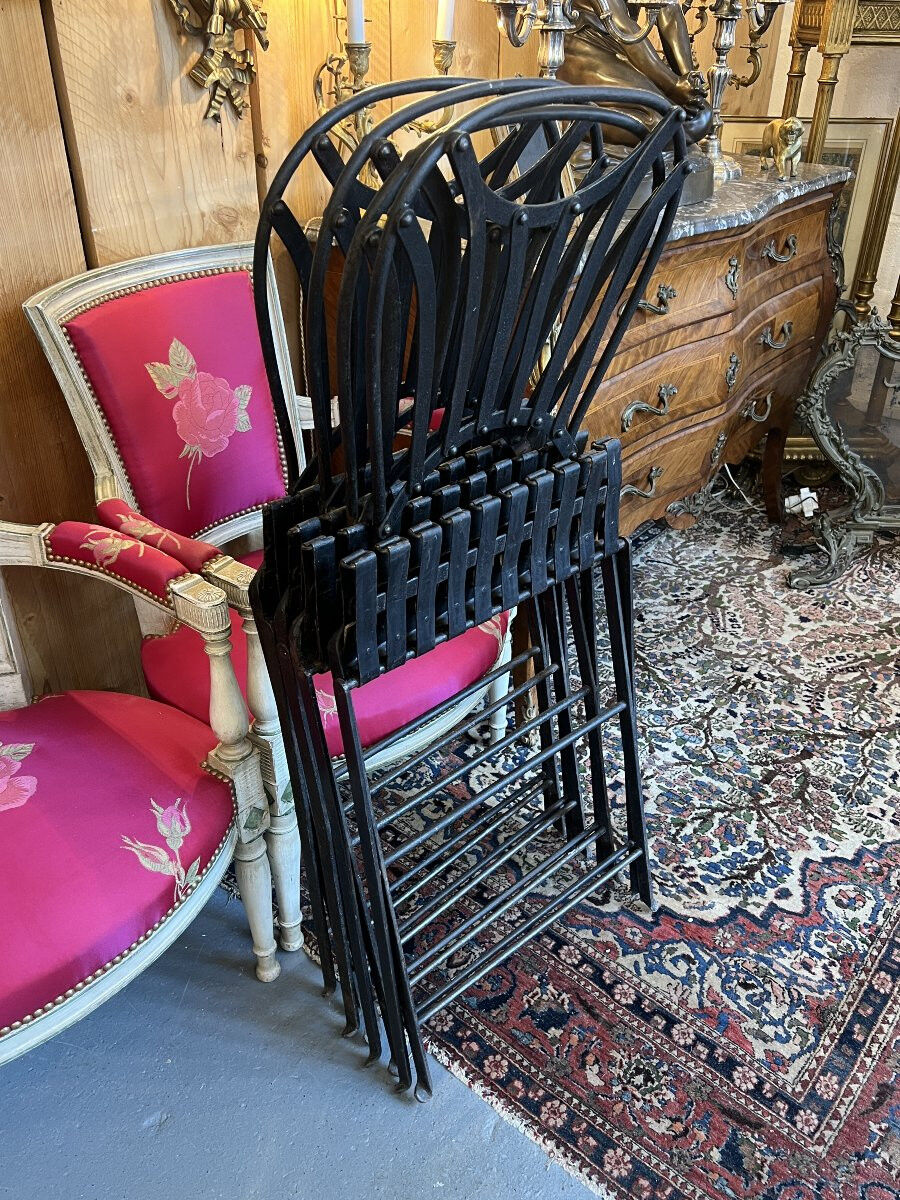 Set of 4 folding garden chairs in wrought iron and riveted, 19th century, Napoleon model.