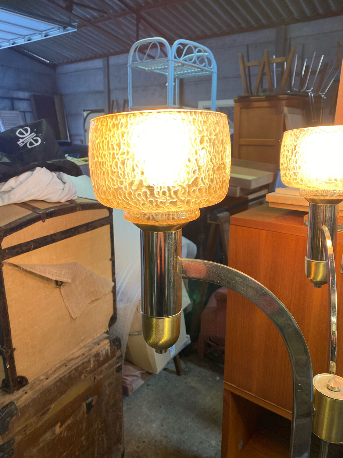 Three-burner metal and brass floor lamp