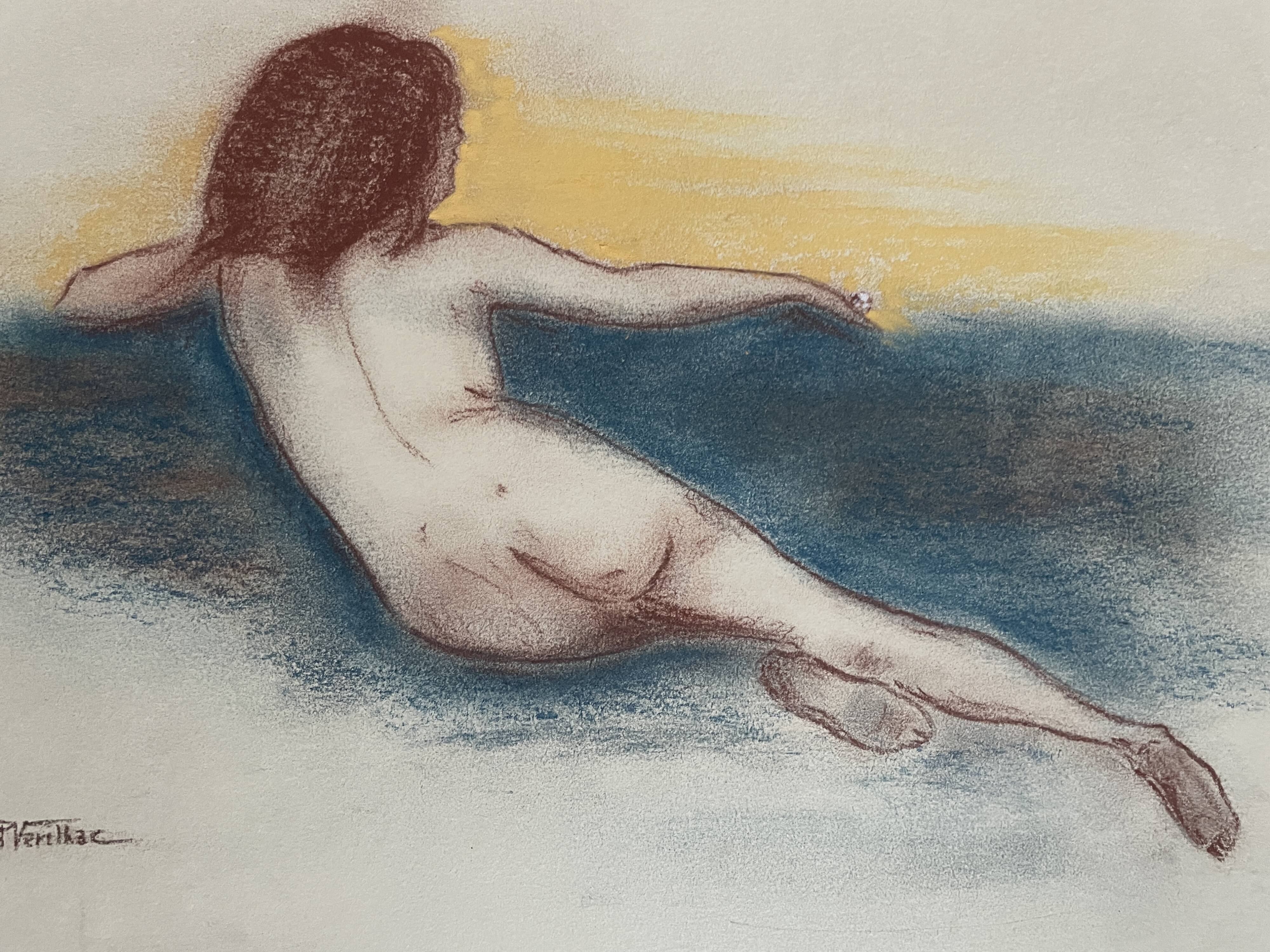 Signed sanguine pastel portrait "the blue sofa"