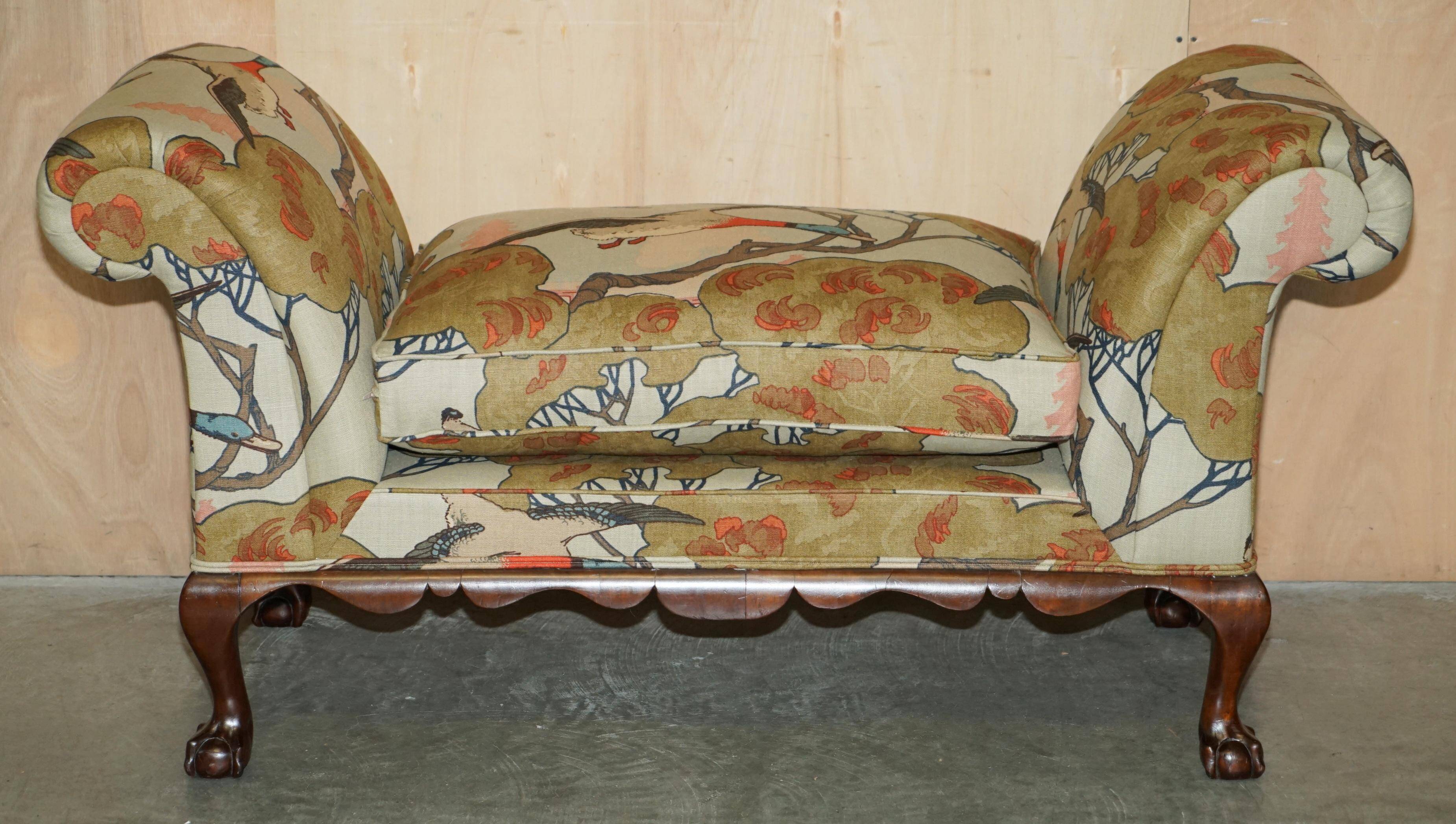 Antique banquette with cluster and ball feet, window seat in Mulberry Flying Ducks fabric.