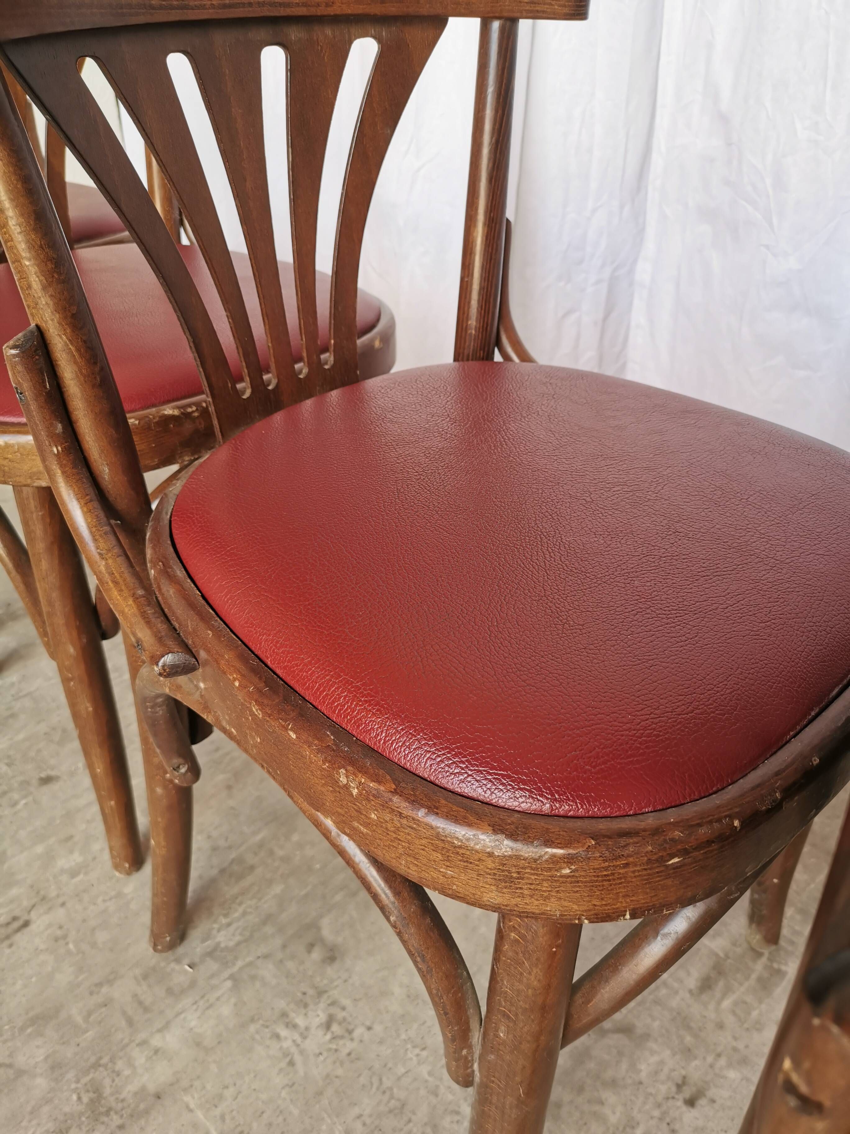 Vintage Bentwood Dining Chairs - Thonet Style - Red Faux Leather - Set of 4
