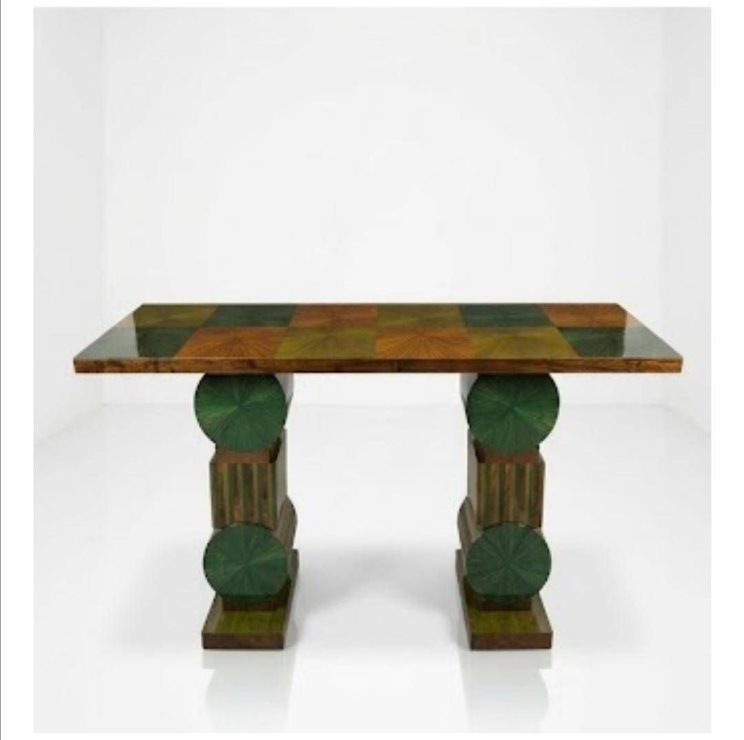 Two ragmen & an Art Deco console table in marquetry and beech.