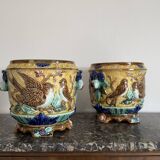 Pair of Art Nouveau Cache-Pots in Barbotine - Bird & Ribbon Decor - Fon