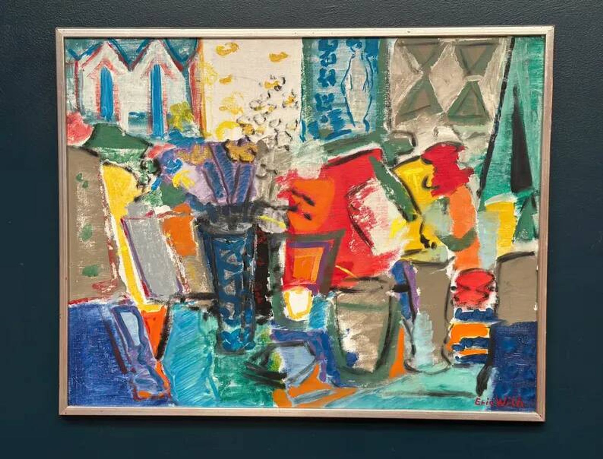 Large Original Swedish Oil on Canvas – “Still Life with Flowers” by Eric With (1916–2000) – Signed – Vintage & Framed – 89×70.5cm