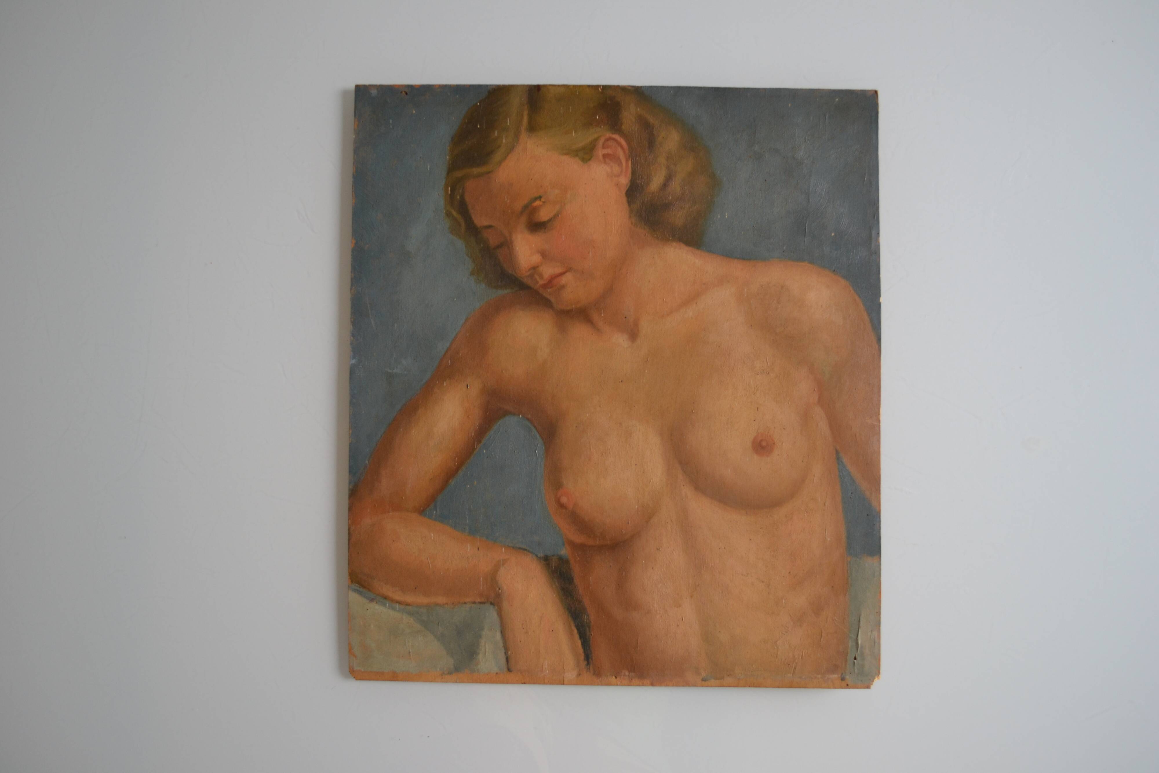 Old painting portrait nude woman oil on panel