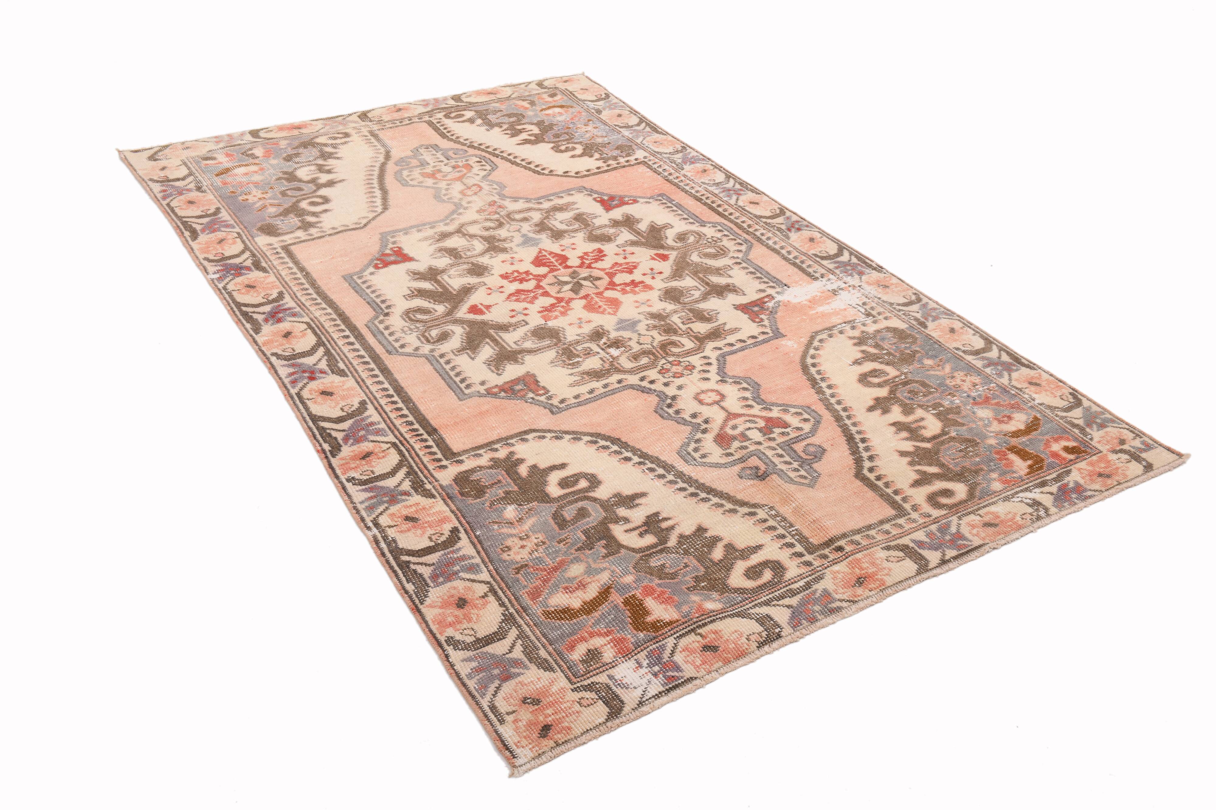 4x7 Salmon & Brown Geometric Oriental Vintage Rug, 139x227Cm