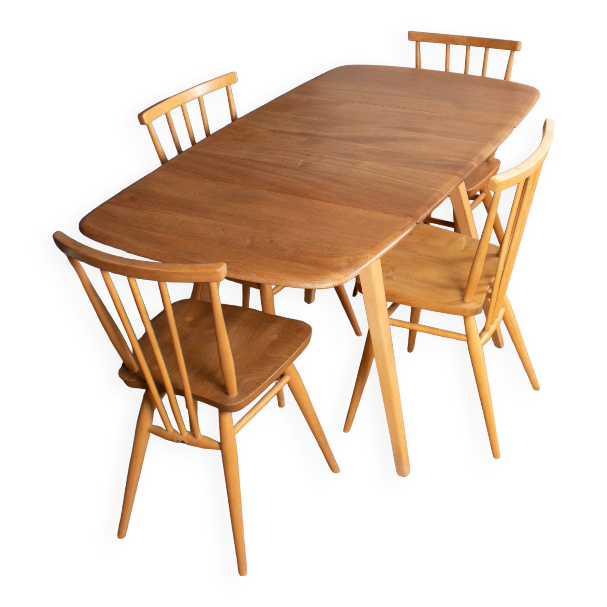 Retro Blonde Ercol Model 383 Dining Table & Four Stick Back Kitchen Dining Chairs