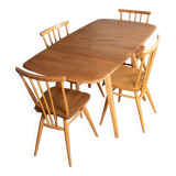 Retro Blonde Ercol Model 383 Dining Table & Four Stick Back Kitchen Dining Chairs