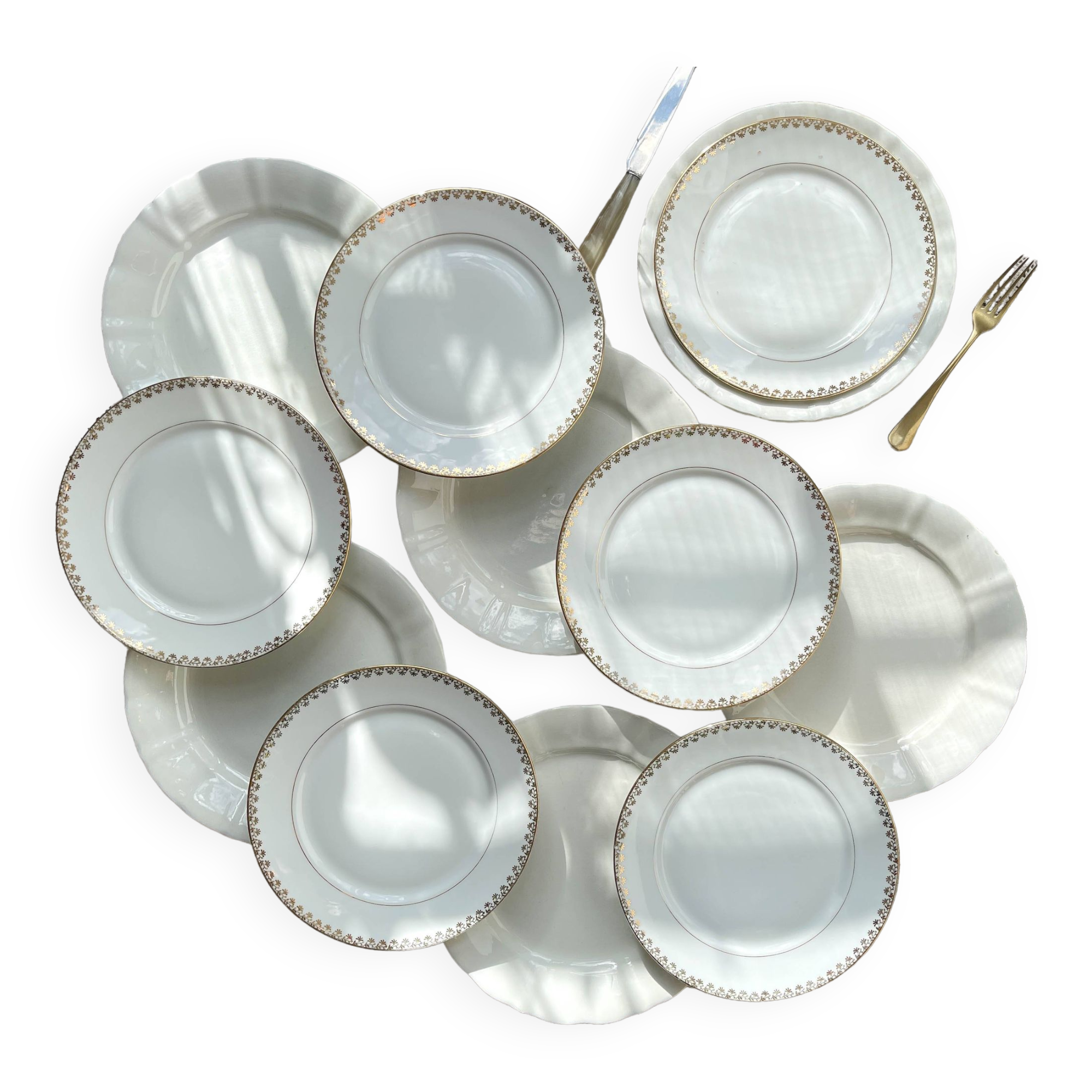 12 Vintage Terre de Fer White Plates + Small Gold White Porcelain Plates LIMOGES