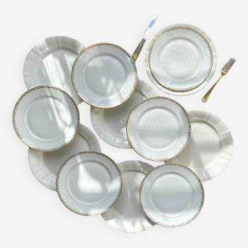 12 Vintage Terre de Fer White Plates + Small Gold White Porcelain Plates LIMOGES