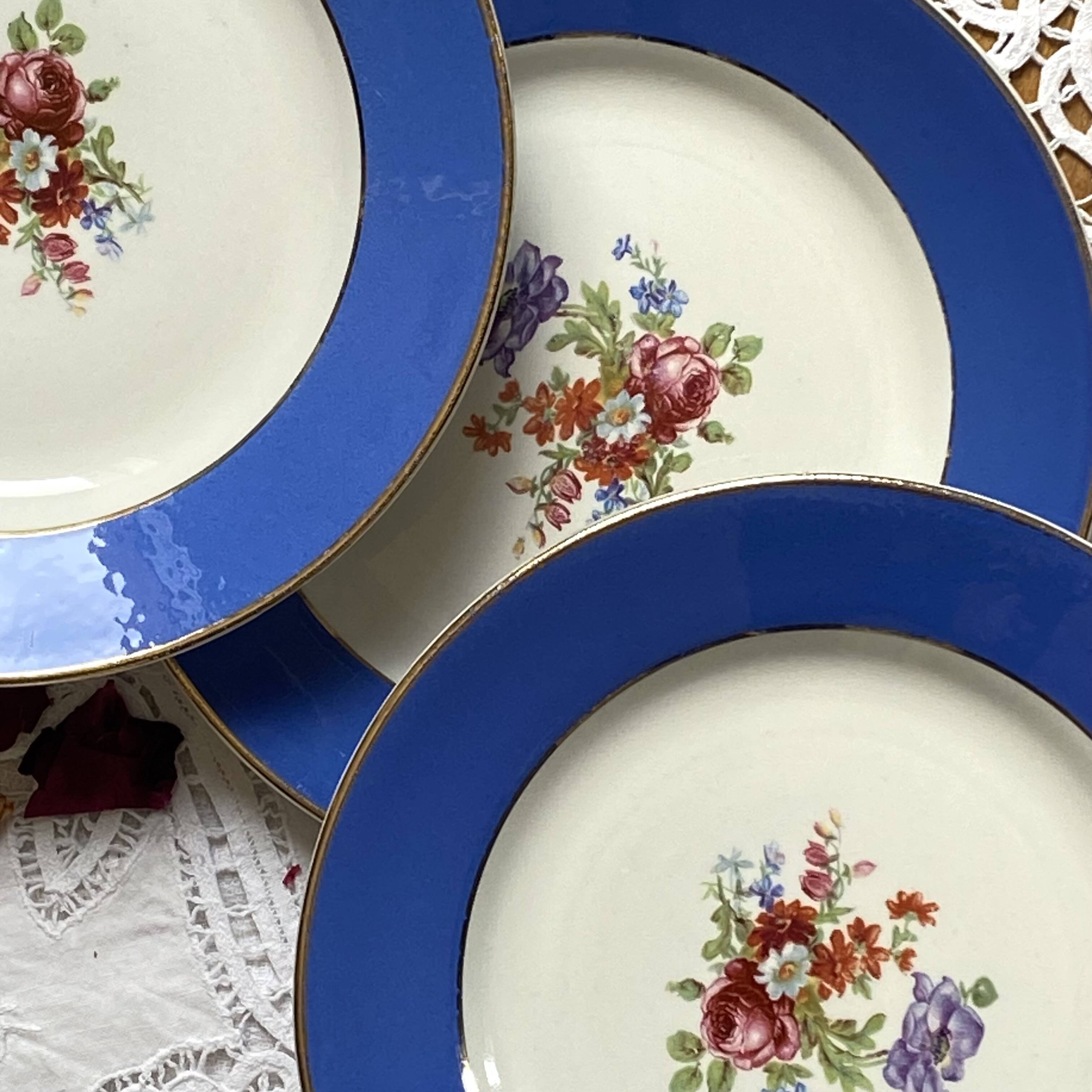 6 assiettes dessert faïence ancienne bleue fleurs dorure Saint Amand