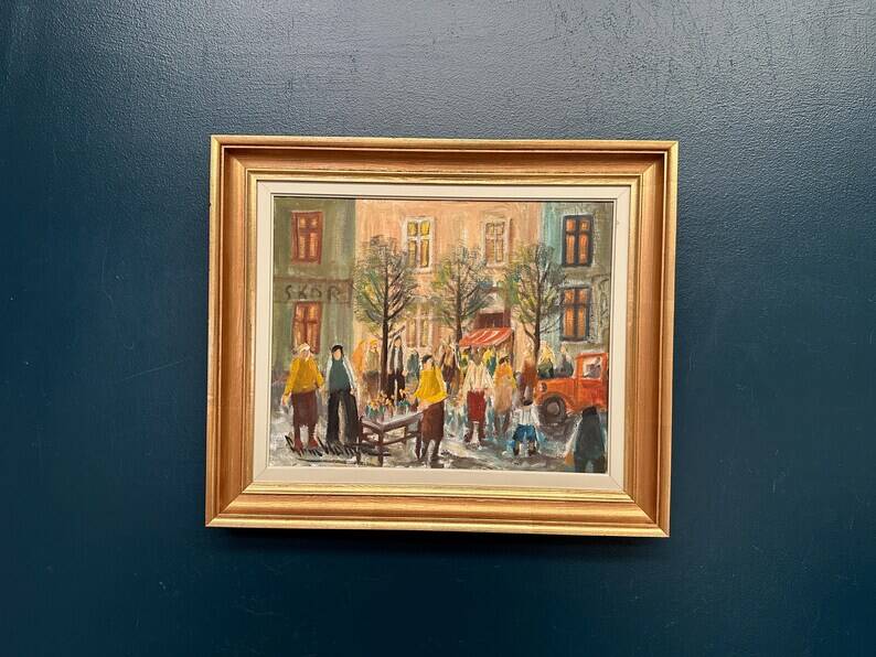 Original Swedish Oil on Canvas – “Market Scene” by Arne Wallsten – Signed