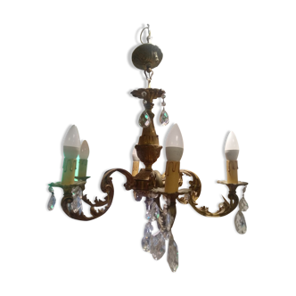 Bronze chandelier with 6-light crystal pendants.