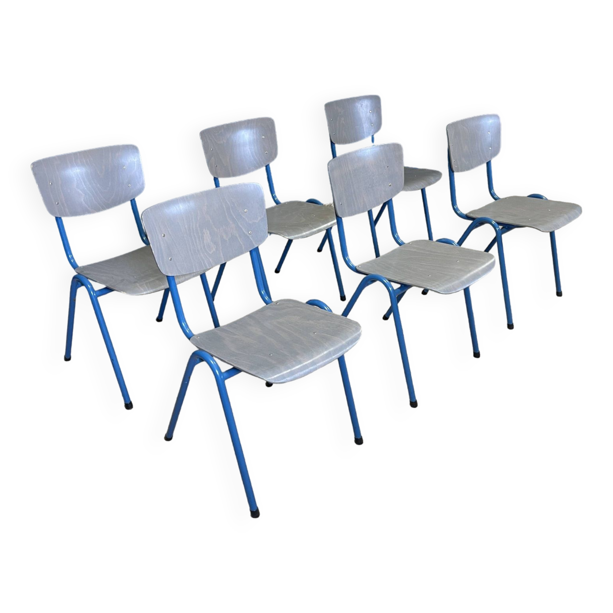 Set of 6 gray wood school chairs blue feet Netherlands 70s/80s