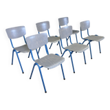 Ensemble de 6 chaises d'école bois gris pieds bleus Pays-Bas années 70/80