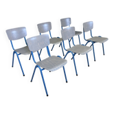 Set of 6 gray wood school chairs blue feet Netherlands 70s/80s